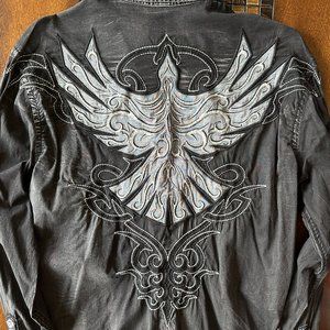 ROAR Men's Med Black Embroidered Distressed Long Sleeve Button Shirt